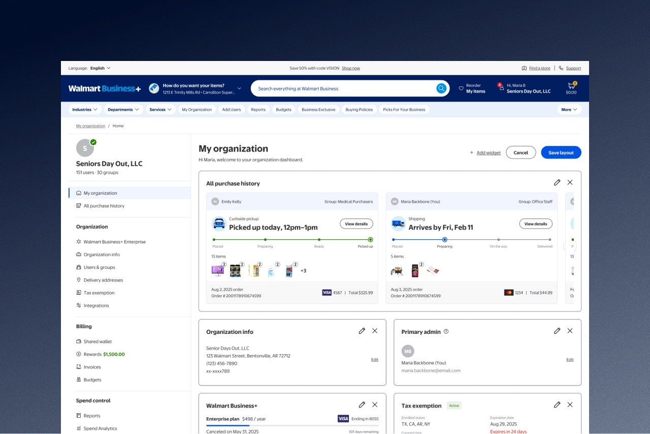Image of Walmart Business account screen